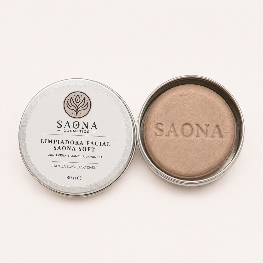 limpiadora 2 Envase metálico y limpiadora facial sólida Saona Soft de Saona Cosmetics con avena y camelia japonesa