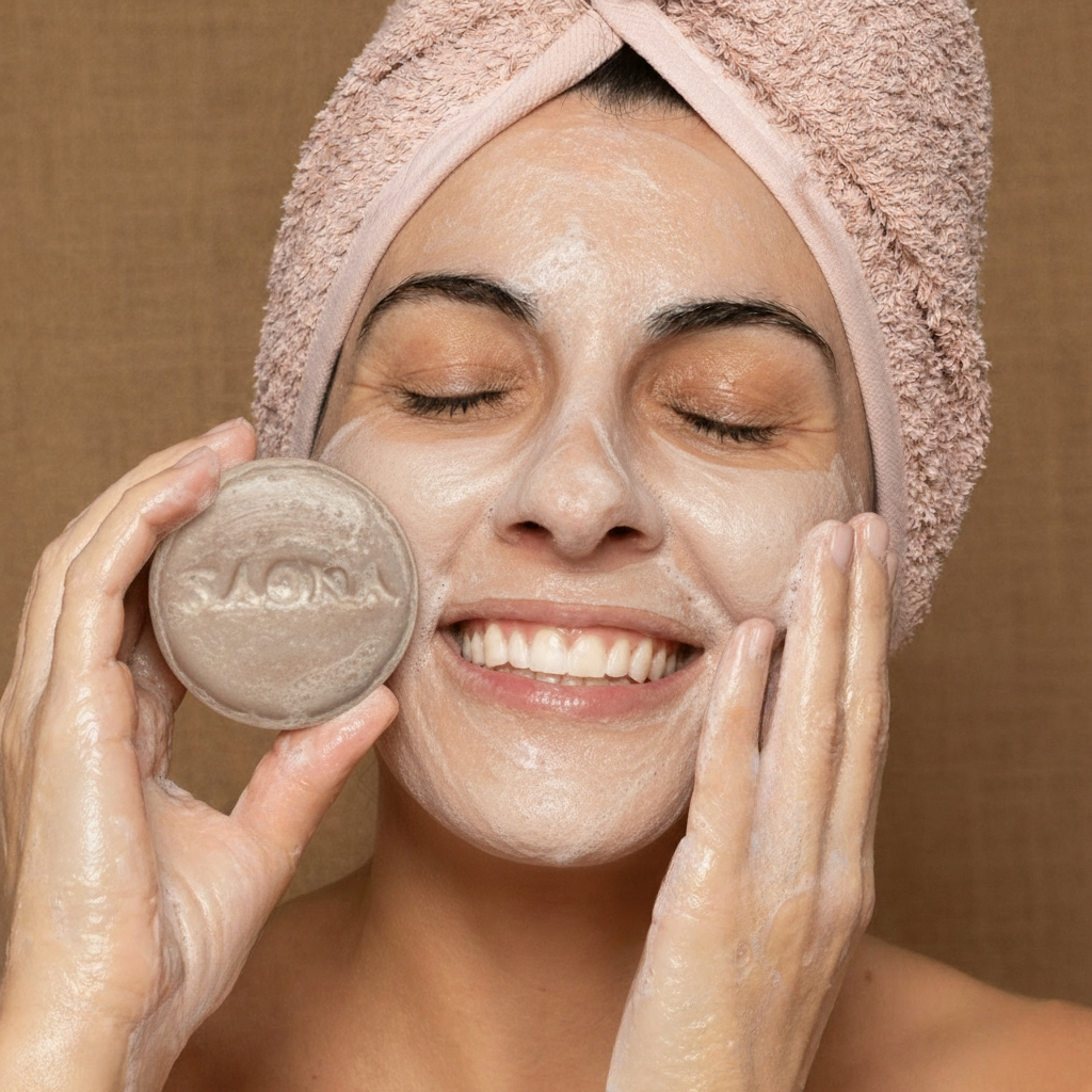 limpiadora 3 Modelo aplicando limpiadora facial sólida Saona Soft de Saona Cosmetics sobre el rostro
